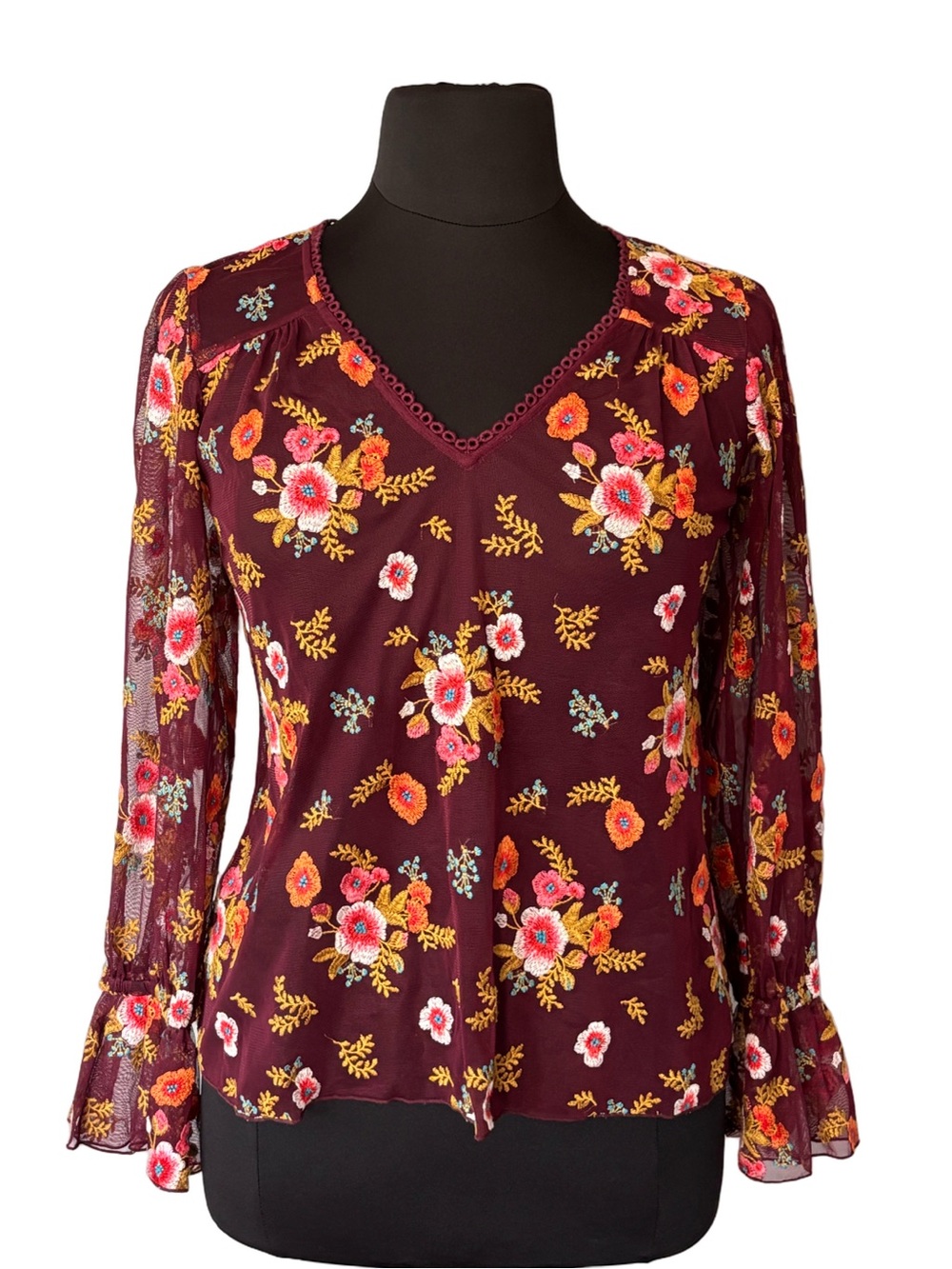 Anthropologie Feather bone Embroidered Sheer Floral V-Neck Blouse size S